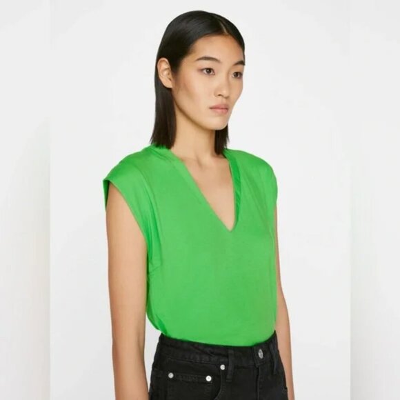 FRAME Denim Le High Rise V Neck Bright Peridot Green Organic Cotton T-Shirt - Picture 1 of 8